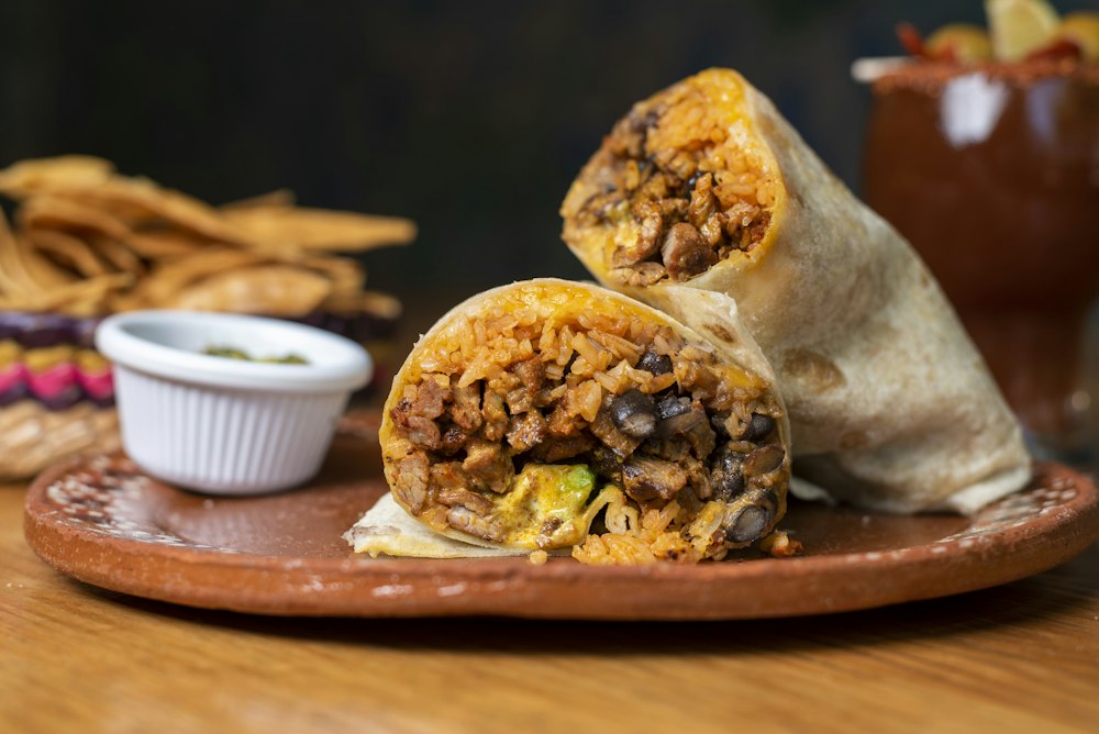Stock photo of a burrito cut in half